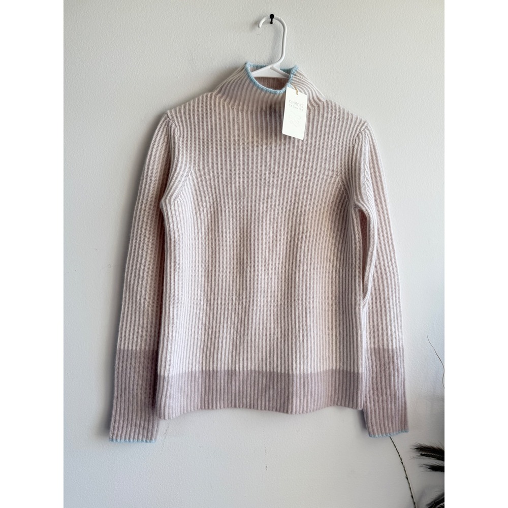 Kinross Cashmere Mock Neck Ribbed Sweater Sand Multi LRSC3-222 Womens XS NEW